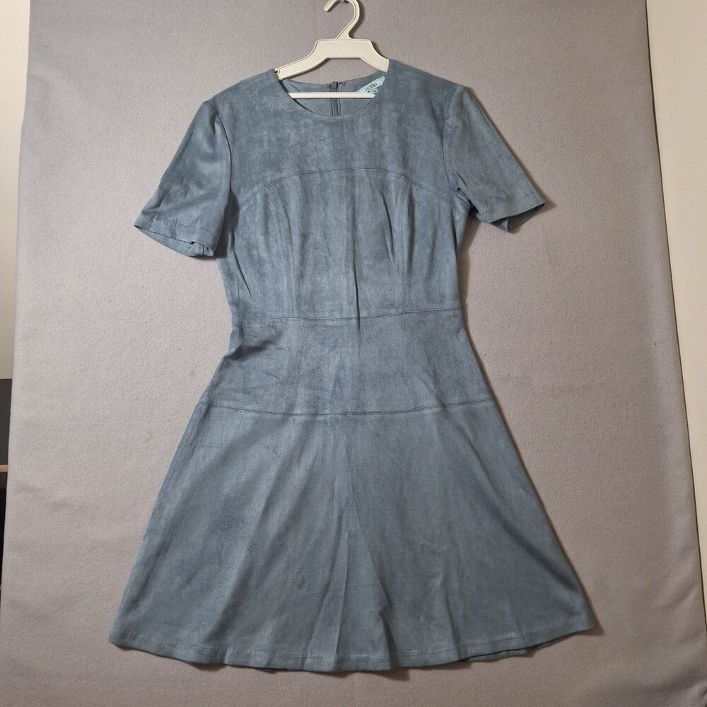 Karlie Women's Medium Faux Suede Fit & Flare Mini Dress Denim Blue Short Sleeve